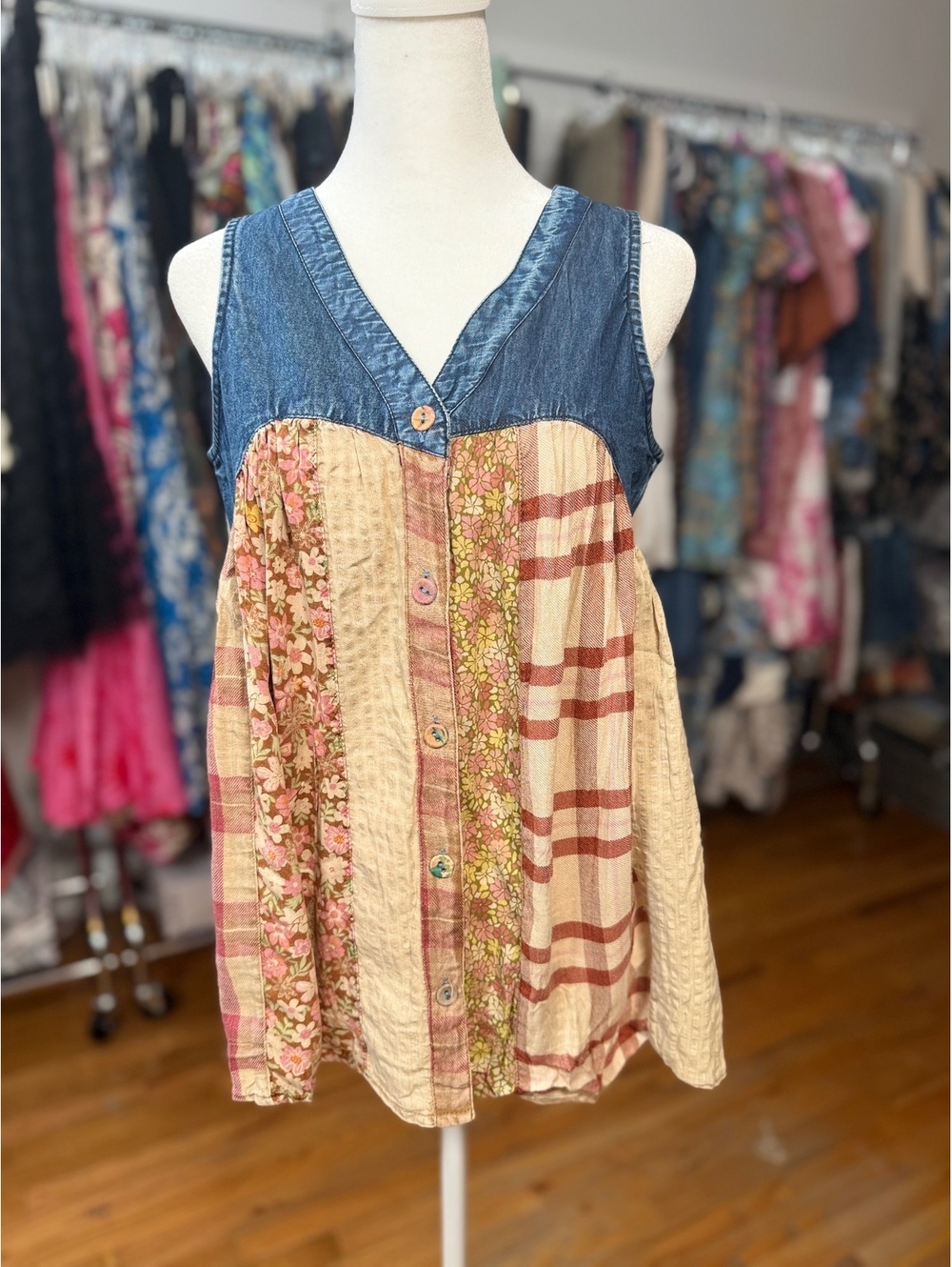 YOUNG THREADS Denim Patchwork V-Neck Button Front Boho Top NWT Large